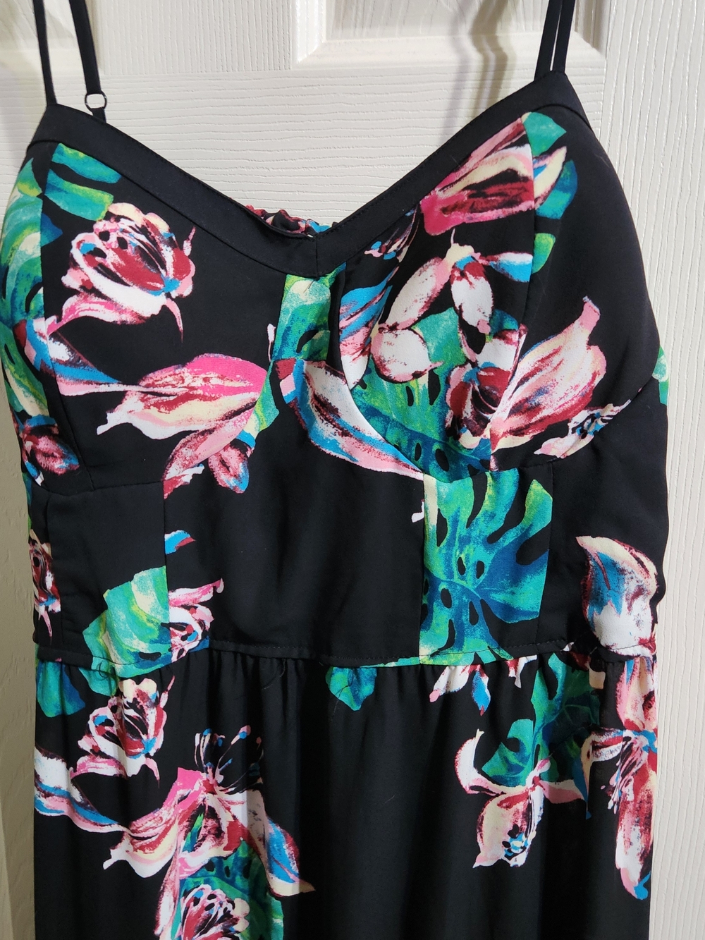 Black Floral Sundress with Pink & Teal Bloom Print